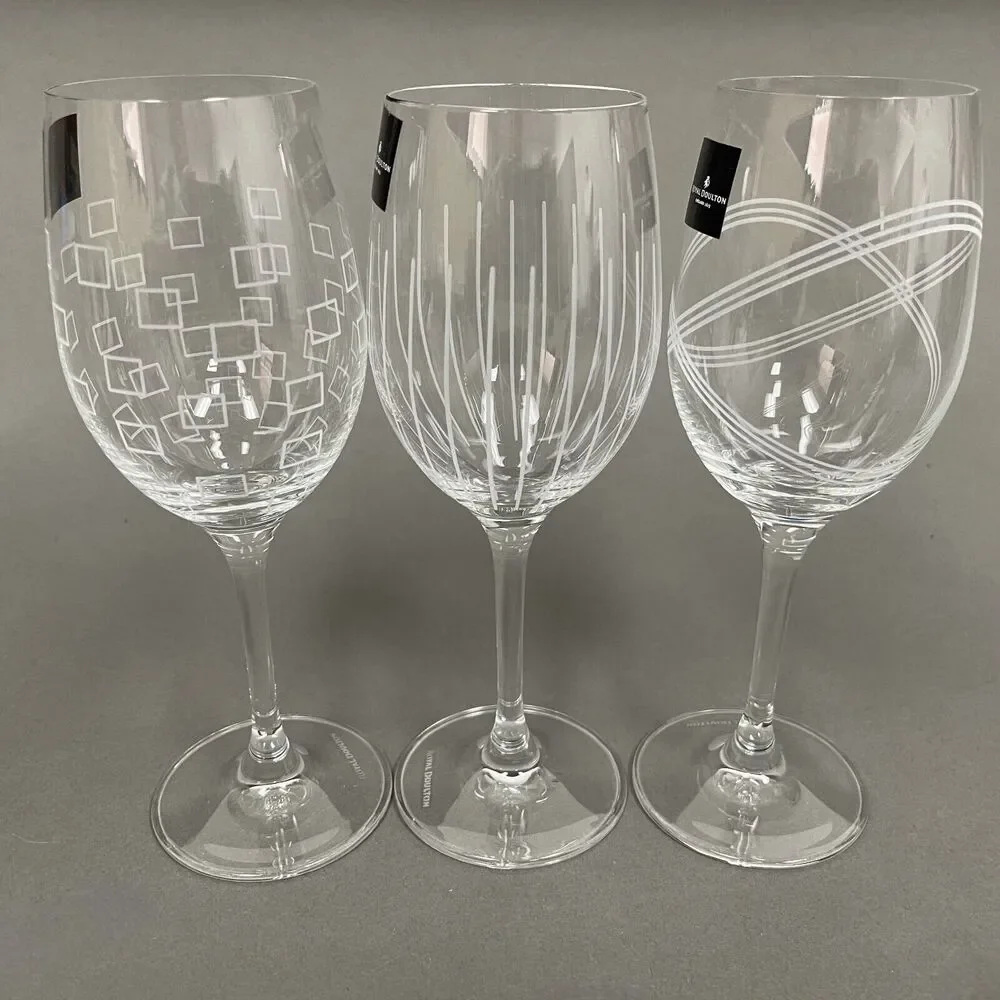 Royal Doulton Cystal Party Wine Glass Glasses‎ Squares Etched Lines Clear - 3